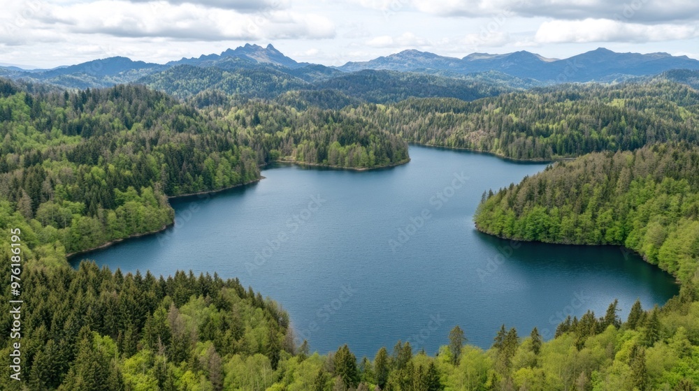 The image showcases an expansive lake nestled among vibrant green forests and distant mountains, captured under a cloudy sky The image showcases an expansive lake nestled among vibrant green forests and distant mountains, captured under a cloudy sky