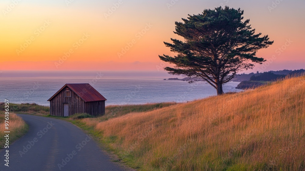 Small cabin overlooking the ocean on a grassy hill during golden hour with a tall tree nearby Small cabin overlooking the ocean on a grassy hill during golden hour with a tall tree nearby