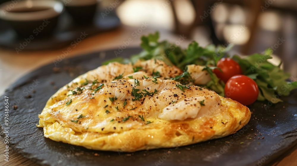 A crab omelette with fresh herbs, served on a rustic stone plate, with a cozy French café softly lit in the background A crab omelette with fresh herbs, served on a rustic stone plate, with a cozy French café softly lit in the background