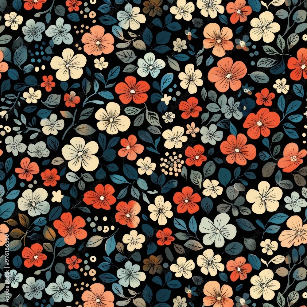 A black and white floral pattern with white flowers A black and white floral pattern with white flowers
