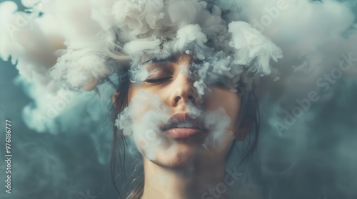 young woman with head in misty cloud concept of depression and mental health