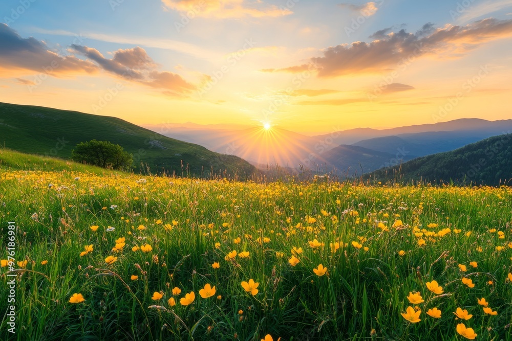 Stunning sunset over mountain landscape with vibrant yellow wildflowers in green meadows Stunning sunset over mountain landscape with vibrant yellow wildflowers in green meadows