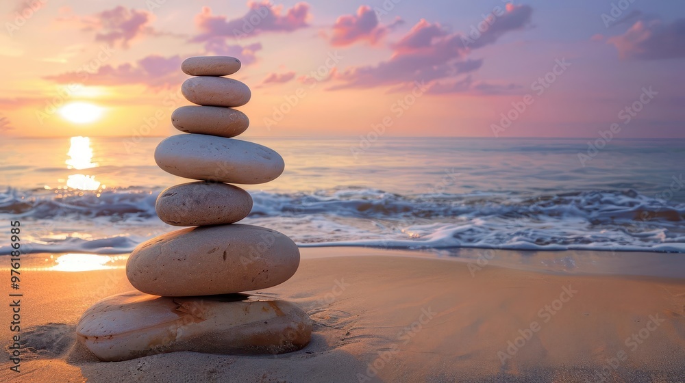 zen harmony balanced stone cairn on beach with calm ocean and sunset sky abstract photo zen harmony balanced stone cairn on beach with calm ocean and sunset sky abstract photo