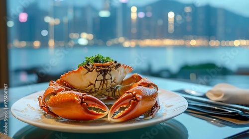 A plate of butter garlic crab claws, placed on a modern glass dining table with a chic cityscape view through the window in the background photo