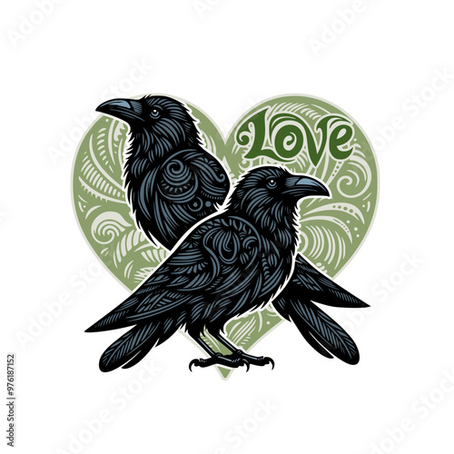  A vector design featuring two ravens with the text "Love" above them, in a Valentine's Day theme. The design is surrounded by love heart patterns and filigree.