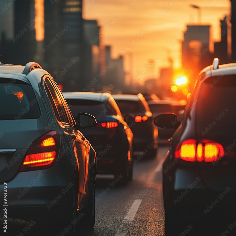 Urban traffic jam at sunset with cars lined up against a vibrant city skyline Urban traffic jam at sunset with cars lined up against a vibrant city skyline