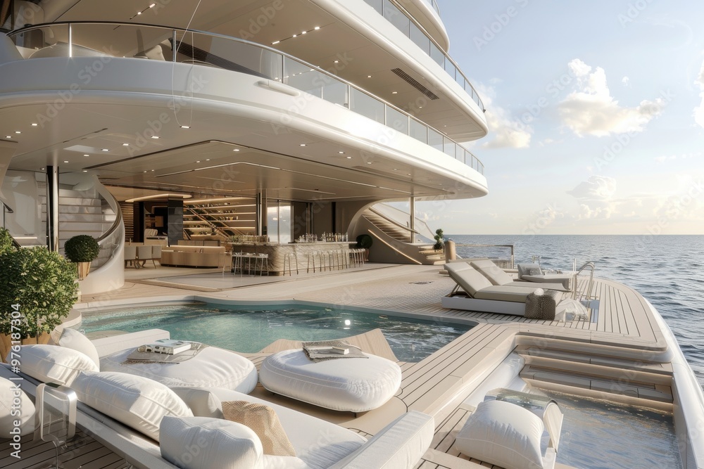 A large yacht with a pool and a deck overlooking the ocean A large yacht with a pool and a deck overlooking the ocean
