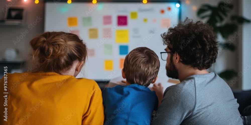 Obraz premium A family of three, seen from behind, sits together and engages in a brainstorming session using colorful sticky notes on a whiteboard, under warm fairy lights.