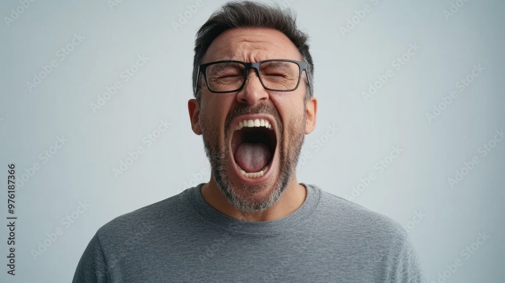 The man, with glasses and a beard, demonstrates a broad yawn, indicating tiredness. He stands alone in a minimalist setting, suggesting a time of reflection or fatigue The man, with glasses and a beard, demonstrates a broad yawn, indicating tiredness. He stands alone in a minimalist setting, suggesting a time of reflection or fatigue