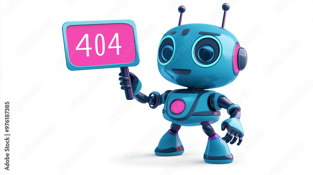 Blue robot holds a pink sign with the number 404, signaling an error message Blue robot holds a pink sign with the number 404, signaling an error message