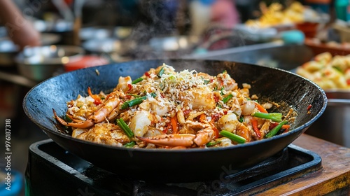 A spicy crab stir-fry with fresh vegetables, served in a traditional wok on a wooden table with a bustling Asian street food market in the background photo