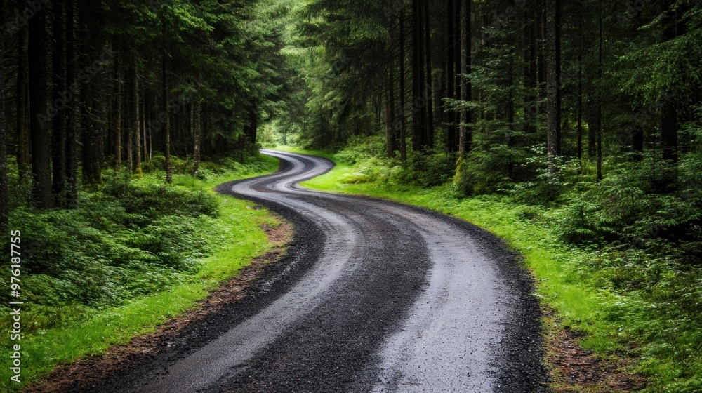 A serene gravel road meanders through a vibrant green forest, surrounded by tall trees and underbrush, showcasing the beauty of nature in the early hours of the day A serene gravel road meanders through a vibrant green forest, surrounded by tall trees and underbrush, showcasing the beauty of nature in the early hours of the day