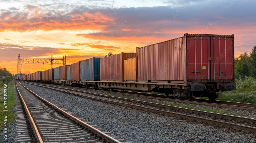 A long container train glides along tracks as the vibrant sunset paints the sky with hues of orange and purple, highlighting the peaceful rural landscape A long container train glides along tracks as the vibrant sunset paints the sky with hues of orange and purple, highlighting the peaceful rural landscape