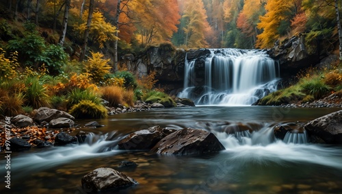 River waterfall in an autumn forest with mountains.