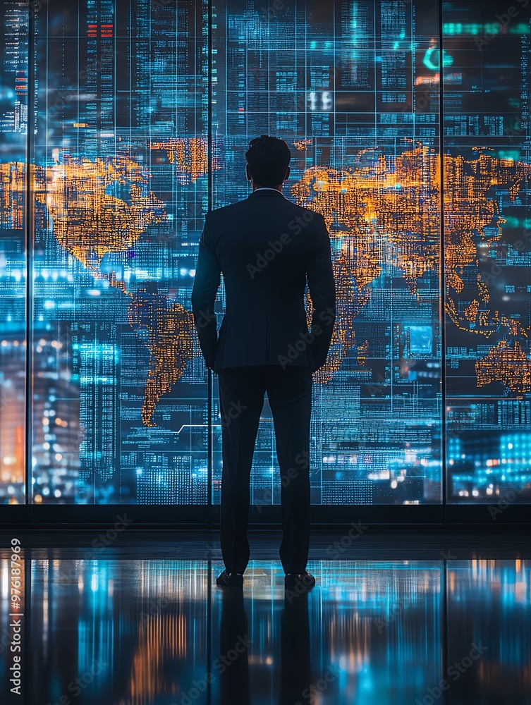Businessman contemplating global data trends while facing a futuristic digital map, representing innovation and technology. Businessman contemplating global data trends while facing a futuristic digital map, representing innovation and technology.