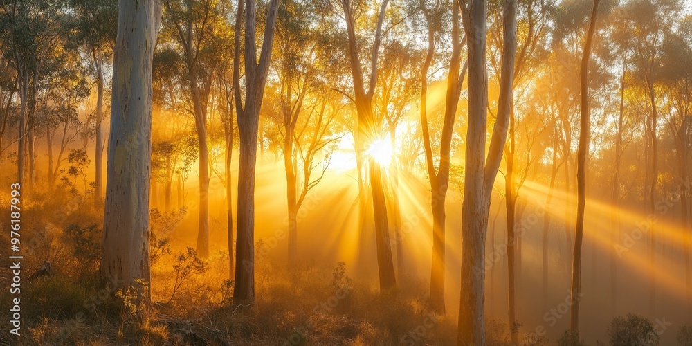 Golden sunrise through eucalyptus trees in the serene outback landscape Golden sunrise through eucalyptus trees in the serene outback landscape