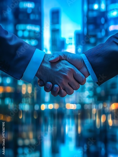 Close-up of a business handshake in a modern urban setting, symbolizing partnership and collaboration in a professional environment.