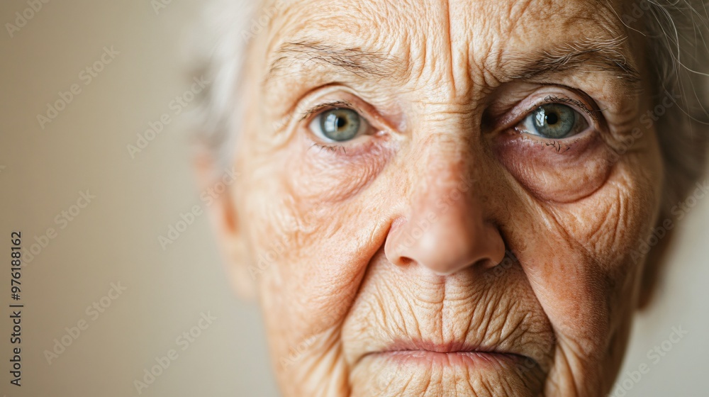 A close-up portrait of an elderly woman with deep wrinkles and expressive eyes, set against a light beige background A close-up portrait of an elderly woman with deep wrinkles and expressive eyes, set against a light beige background