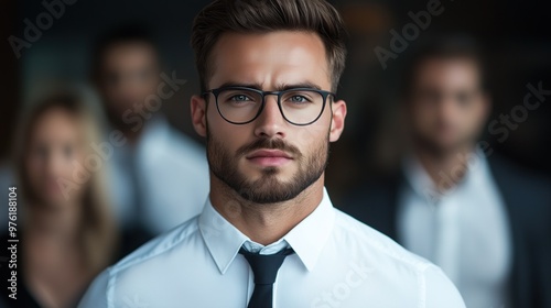 A young man with glasses exudes confidence as he stands in front of his colleagues in a modern office environment, showcasing determination and professionalism during a business meeting