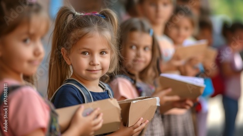 Migrant children receiving school supplies from volunteers, expressions of joy and gratitude, sense of educational support and inclusion, outdoor setting with backpacks and notebooks