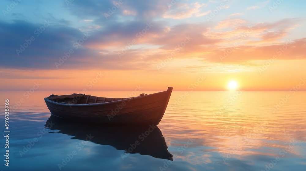 The warm colors of a sunset reflect on calm waters as a solitary wooden boat drifts effortlessly, creating a tranquil atmosphere perfect for contemplation The warm colors of a sunset reflect on calm waters as a solitary wooden boat drifts effortlessly, creating a tranquil atmosphere perfect for contemplation