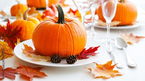 A beautifully arranged Thanksgiving table setting with autumn leaves and pumpkins, featuring a light solid color background photo