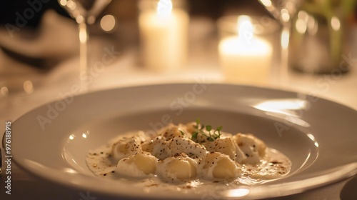 Crab gnocchi with cream sauce, presented on an elegant white plate, with a luxurious Italian villa dining room softly lit by candlelight