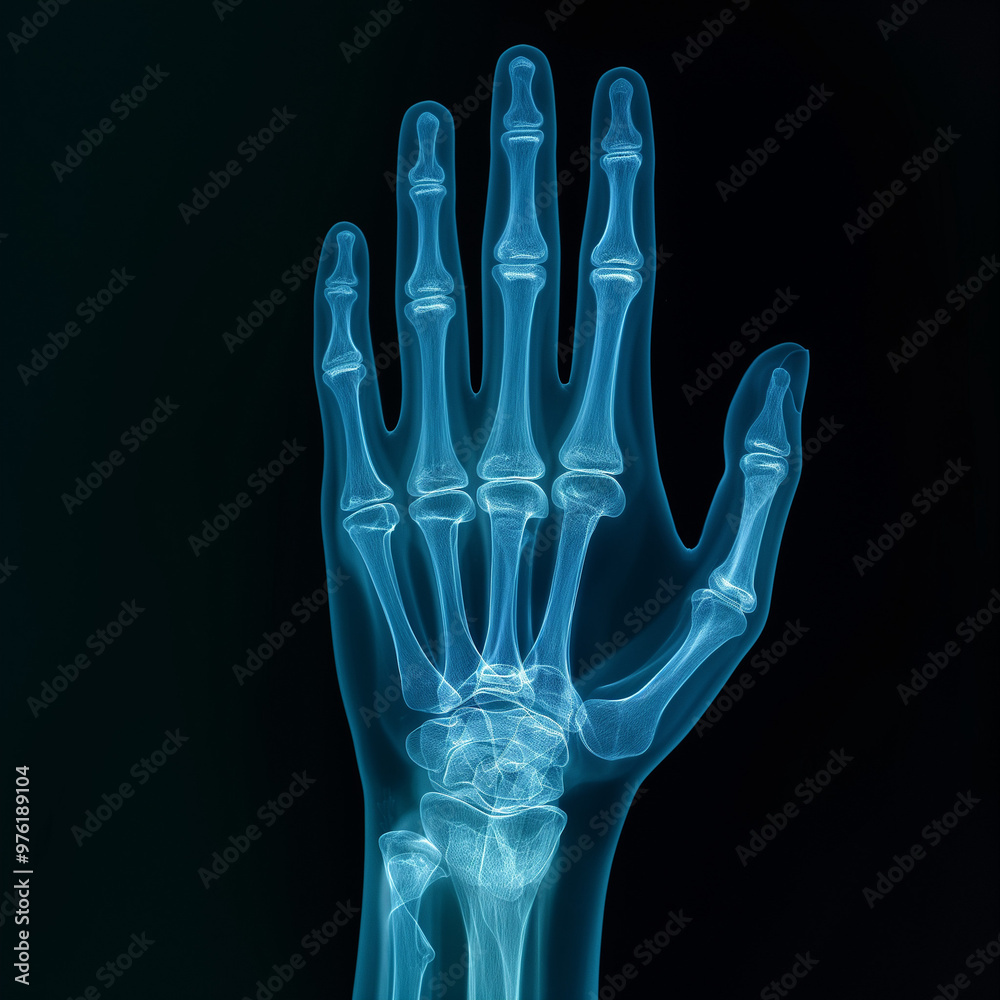 X-ray of the left hand, highlighted bones of the hand, wrist and arm on black background X-ray of the left hand, highlighted bones of the hand, wrist and arm on black background