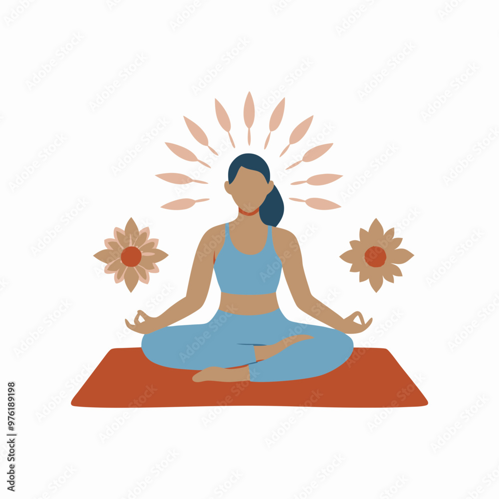 Woman meditating in a cross-legged position on a yoga mat with flowers and a halo effect on a white background Woman meditating in a cross-legged position on a yoga mat with flowers and a halo effect on a white background