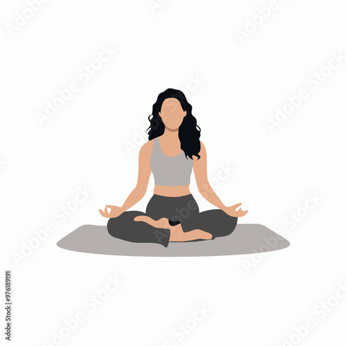Woman meditating in a cross-legged position on a gray yoga mat in a tranquil environment on a white background