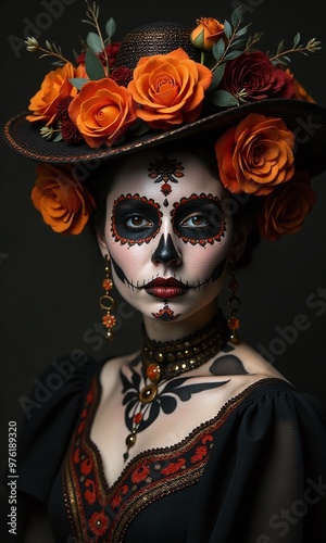 intricate Day of the Dead makeup, elaborate black hat adorned with orange roses and detailed patterns