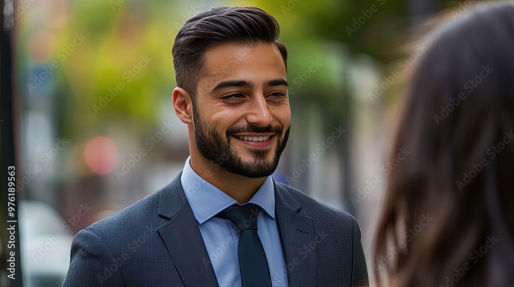 A business professional in a suit standing and smiling while talking to a customer, showcasing friendly and confident communication in a work setting. A business professional in a suit standing and smiling while talking to a customer, showcasing friendly and confident communication in a work setting.