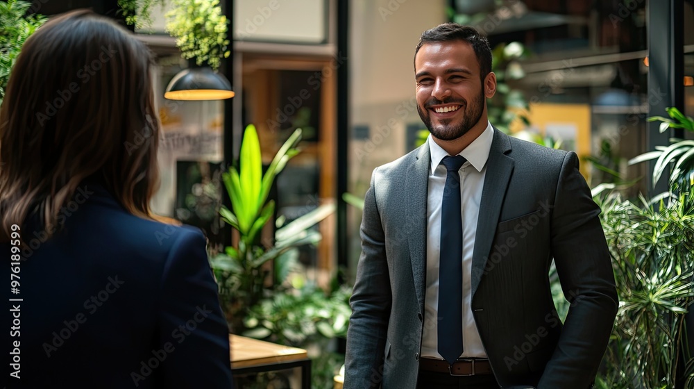 A business professional in a suit stands and smiles while talking to a customer, creating a positive interaction with a friendly and approachable demeanor.