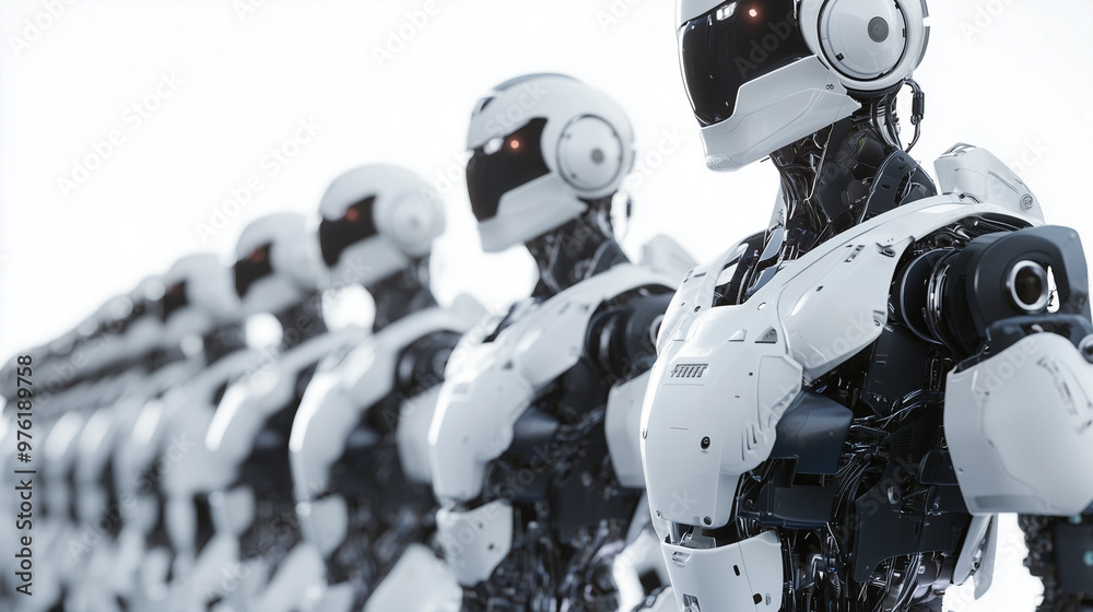 Display of advanced cyborg technology and unity as a group stands at attention Display of advanced cyborg technology and unity as a group stands at attention
