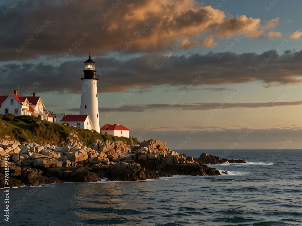 Row of lighthouses along a rocky coastline at sunrise. Row of lighthouses along a rocky coastline at sunrise.