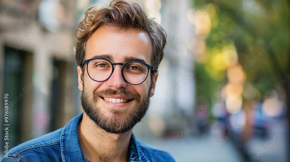 A cheerful young man stands on a vibrant city street, enjoying a sunny day A cheerful young man stands on a vibrant city street, enjoying a sunny day