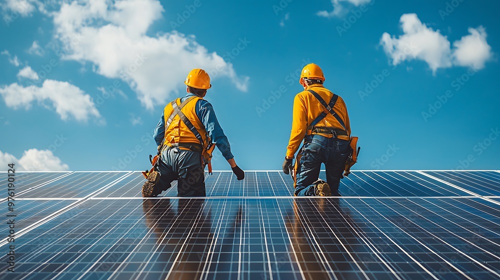 Photograph of two engineers inspecting solar panels at an outdoor power plant Photograph of two engineers inspecting solar panels at an outdoor power plant
