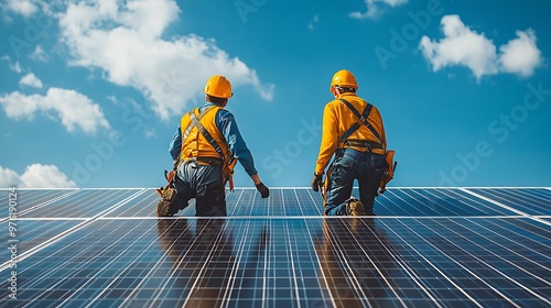 Wallpaper Mural  Photograph of two engineers inspecting solar panels at an outdoor power plant Torontodigital.ca