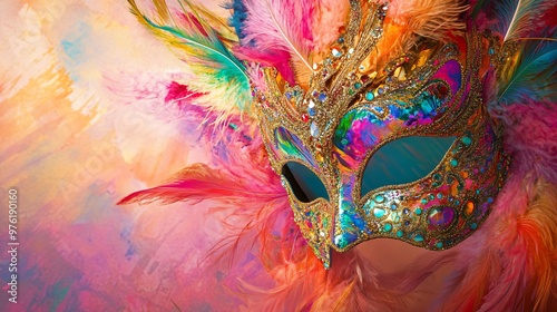 A close-up of a vibrant Mardi Gras mask adorned with feathers and jewels, placed against a soft pastel backdrop