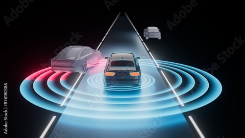 ADAS image showing radar detection surrounding a vehicle, highlighting lane keeping, blind-spot monitoring, and collision avoidance to enhance safety and automation.