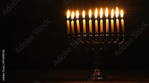 A beautifully lit menorah with nine candles glowing softly in a dark room, symbolizing the festival of lights