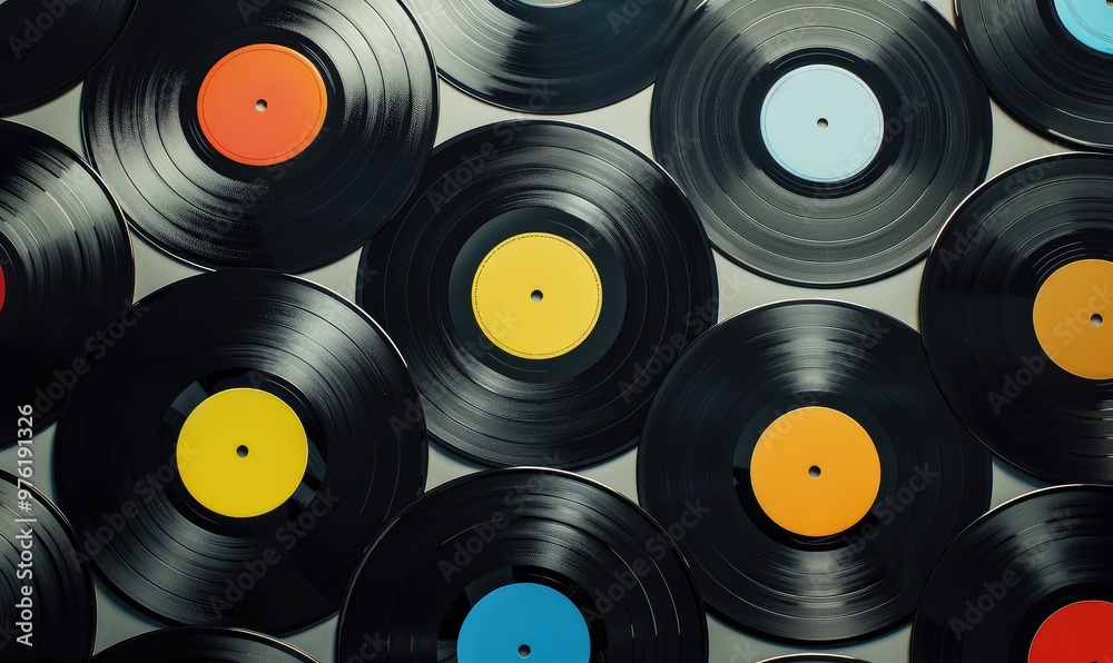 A vibrant array of colorful vinyl records scattered, showcasing an artistic and playful arrangement that captures the spirit of retro music culture and timeless design.