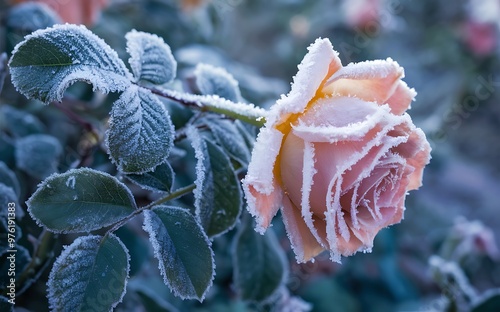 Generative-AI, Close-Up of Frosted Rose with Intricate Frost Details on Petals and Leaves photo