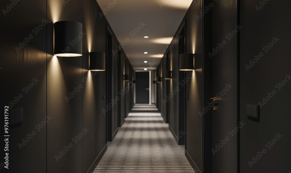 A serene hotel corridor featuring elegant, modern wall lights casting soft illumination on dark walls and carpeted floor, creating a calm, luxurious atmosphere suitable for relaxation