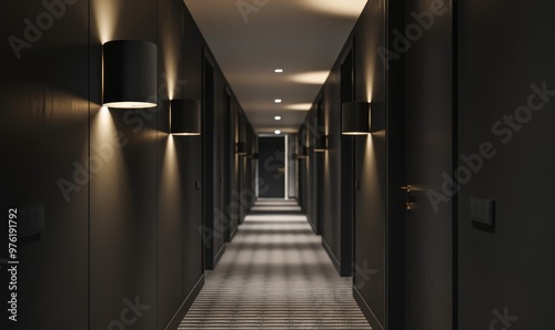 Obraz na płótnie A serene hotel corridor featuring elegant, modern wall lights casting soft illumination on dark walls and carpeted floor, creating a calm, luxurious atmosphere suitable for relaxation w salonie