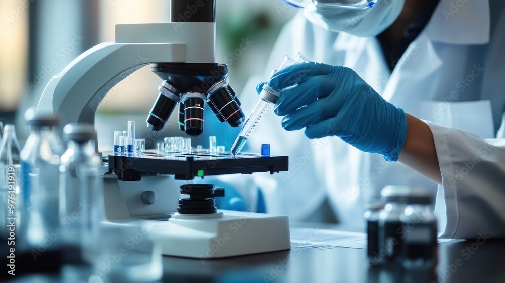 Scientist examining a sample with microscope in lab Scientist examining a sample with microscope in lab