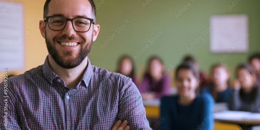 A cheerful male teacher stands confidently in a classroom filled with attentive students, fostering an inspiring and educational atmosphere conducive to learning. A cheerful male teacher stands confidently in a classroom filled with attentive students, fostering an inspiring and educational atmosphere conducive to learning.