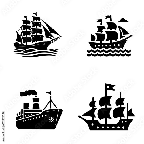 ship icon, ship silhouette, black ship on white background