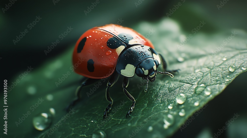Fototapeta premium A close up photo of a ladybug perched on a green leaf with water droplets.