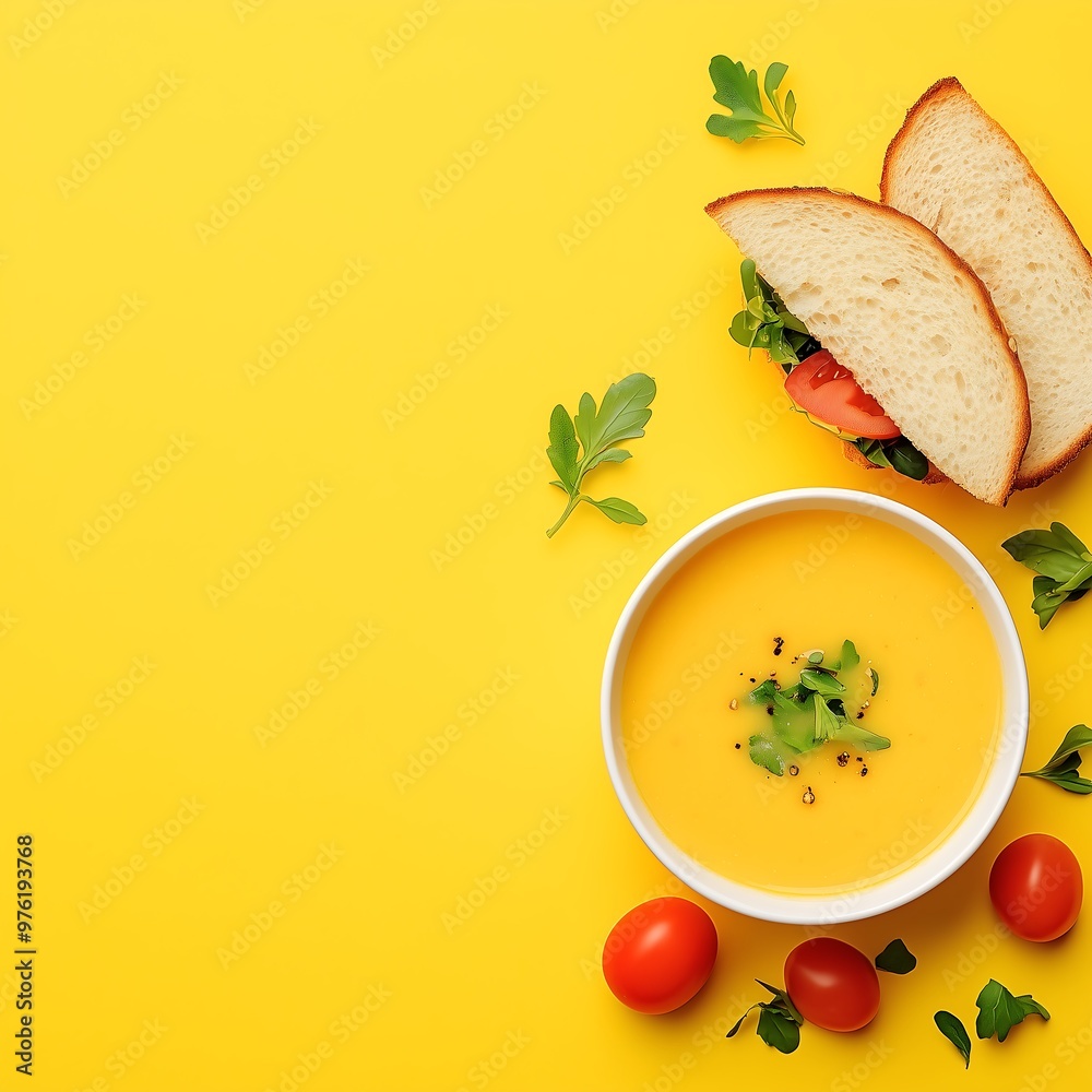 Minimalist Soup and Sandwich Composition on Bright Yellow Background